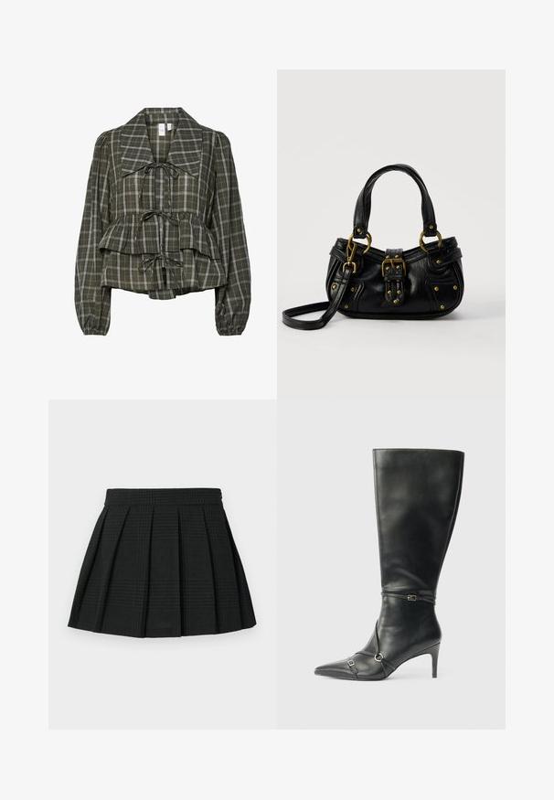 Blusa de manga larga a cuadros en verde oliva con collar oversized, cintura fruncida, detalle de peplum y tres lazos atados en la parte delantera.; Falda corta de pliegues negra hecha de tela texturizada. Presenta una cinturilla y un sutil patrón de cuadros en toda la prenda. Longitud corta con pliegues en capas.; Botas negras de cuero hasta la rodilla con tacón delgado, punta afilada y detalles de diseño con correas en el tobillo. Textura suave y diseño ajustado.; Bolso de cuero negro con hebilla y detalles de remaches dorados, asas cortas y una correa de hombro ajustable sobre un fondo blanco liso.