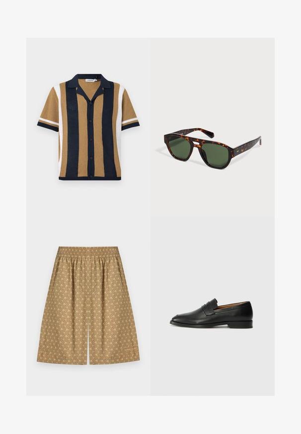 Chemise en maille à manches courtes avec rayures verticales bleu marine, beige et blanc, boutonnée à l'avant et col ouvert.; Jupe beige longueur genou avec motif circulaire entrelacé rose, taille élastique, fente centrale et logo "Sandro Paris" près de l'ourlet.; Mocassin en cuir noir avec un bout arrondi, des coutures subtiles et un talon bas, présentant une texture lisse et un design minimaliste.; Lunettes de soleil rectangulaires à motif écaille de tortue, verres vert foncé et pont en forme de serrure sur un fond neutre.