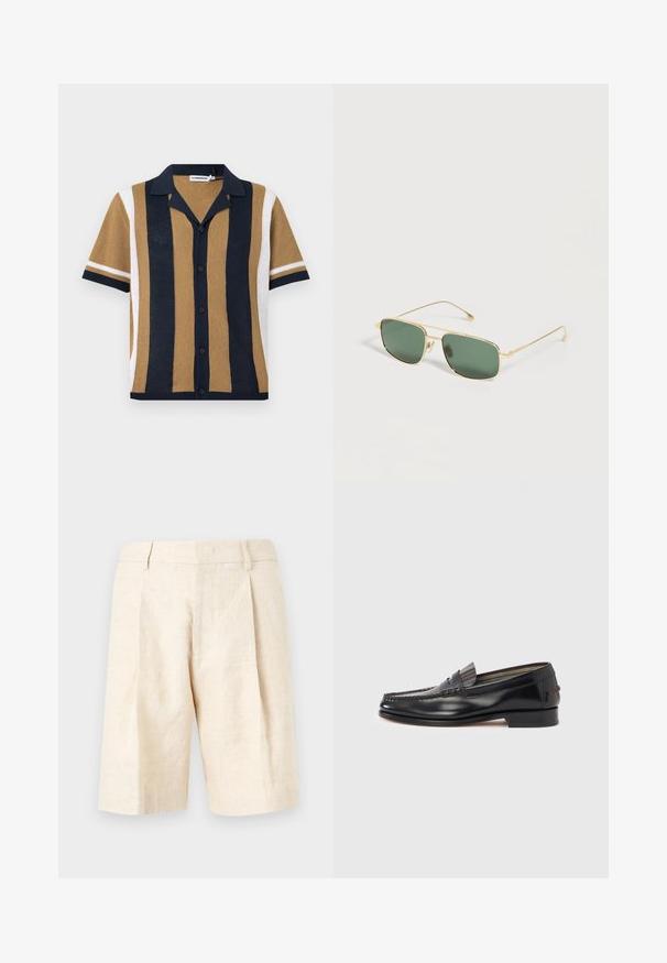 Chemise en maille à manches courtes avec rayures verticales bleu marine, beige et blanc, boutonnée à l'avant et col ouvert.; Short en lin beige avec taille haute, plis avant, passants de ceinture et coupe droite longueur genoux.; Mocassins en cuir noir avec un design de style mocassin, présentant une bande décorative et un détail de couture sur le dessus. Talon bloc bas.; Lunettes de soleil rectangulaires à monture dorée avec des verres teintés verts posées sur une surface blanche.
