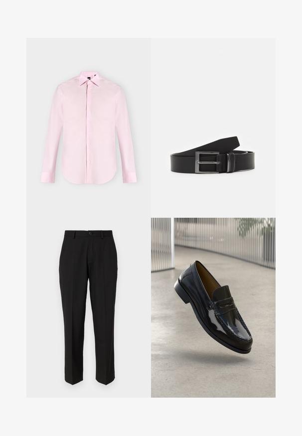 Chemise rose clair à manches longues avec boutons sur le devant, col pointu, poignets boutonnés et texture de tissu lisse, présentée sur un fond uni.; Pantalon noir en tissu lisse, présentant une coupe droite, des poches avant, un bouton simple de fermeture et sans motifs visibles.; Mocassin en cuir verni noir avec un accent cousu, bout rond, petit talon et surface lisse, présenté sur un fond neutre.; Ceinture en cuir noir avec une boucle en métal argenté rectangulaire, au design plat et à la texture lisse. Les extrémités s'effilent pour un enfilage facile.