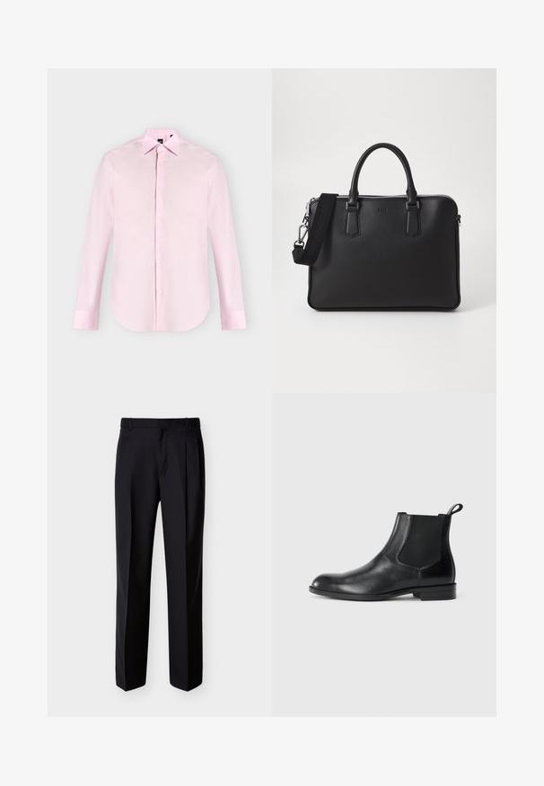 Chemise rose clair à manches longues avec boutons sur le devant, col pointu, poignets boutonnés et texture de tissu lisse, présentée sur un fond uni.; Pantalon noir ajusté à coupe droite, avec un devant plissé et des poches latérales. Confectionné dans un tissu lisse et léger à motif uni.; Bottine en cuir noir avec des panneaux latéraux élastiques, bout rond et tirette. Texture lisse, semelle plate, design minimaliste.; Sac en cuir noir avec surface texturée, deux poignées et une bandoulière amovible. Il présente des fermetures éclair en argent et des éléments de design minimalistes.