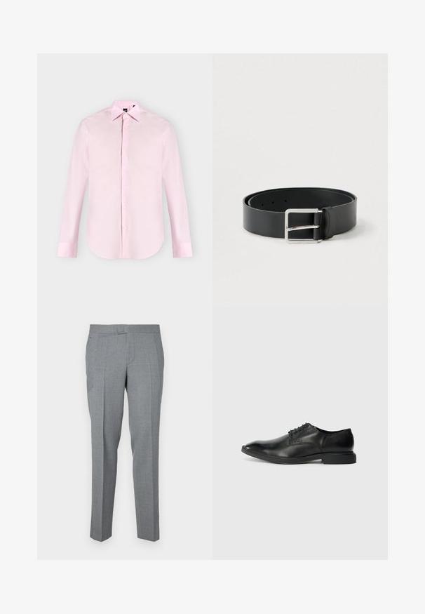 Chemise rose clair à manches longues avec boutons sur le devant, col pointu, poignets boutonnés et texture de tissu lisse, présentée sur un fond uni.; Pantalons gris ajustés en tissu texturé, avec une taille plate, des passants de ceinture et deux poches latérales. Design à jambe droite.; Chaussure habillée en cuir noir avec une texture lisse, bout pointu, design à lacets à six œillets et un petit talon rectangulaire. Détail de marque subtil sur le côté.; Ceinture en cuir noir à finition lisse, avec une boucle rectangulaire en métal argenté et plusieurs trous de réglage.