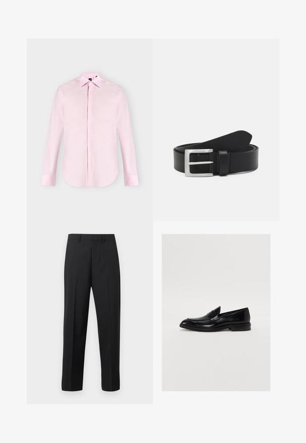 Chemise rose clair à manches longues avec boutons sur le devant, col pointu, poignets boutonnés et texture de tissu lisse, présentée sur un fond uni.; Pantalon droit noir avec passants de ceinture, pli avant et braguette zippée sur fond blanc.; Mocassin en cuir noir avec une pointe arrondie, des coutures discrètes et une finition lisse. Doté d'un talon bas empilé et d'une sangle sur le cou-de-pied.; Ceinture en cuir noir avec une texture lisse, boucle rectangulaire en argent et une boucle pour l'extrémité. Présente des coutures soignées le long des bords.