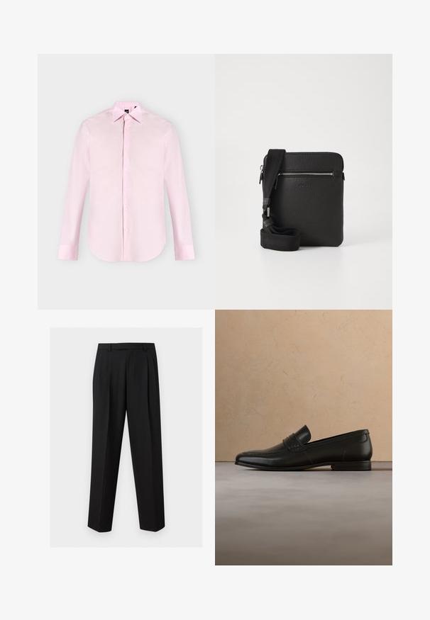 Chemise rose clair à manches longues avec boutons sur le devant, col pointu, poignets boutonnés et texture de tissu lisse, présentée sur un fond uni.; Pantalon noir sur mesure avec jambes droites, plis à la taille, passants de ceinture et poches latérales fendues, présenté sur un fond uni.; Mocassin en cuir noir présenté en lévitation au-dessus d'un tapis beige avec un canapé beige en arrière-plan.; Sac à bandoulière en cuir noir avec une surface texturée, poche avant zippée et une sangle en tissu réglable. Design simple et carré.