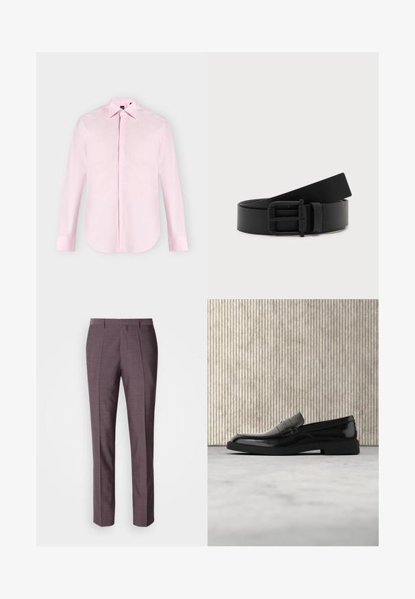 Chemise rose clair à manches longues avec boutons sur le devant, col pointu, poignets boutonnés et texture de tissu lisse, présentée sur un fond uni.; Pantalons sur mesure pour hommes dans une teinte violette douce, présentant une texture lisse, une coupe droite et des plis avant pour un détail supplémentaire.; Mocassin en cuir noir poli flottant au-dessus d'un tapis beige avec un mobilier translucide orange en arrière-plan.; Ceinture en cuir noir enroulée avec une boucle en métal noir mat sur fond blanc.