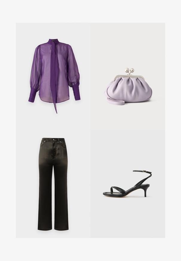 Blouse violette en tissu transparent avec un col montant, un détail nœud et de longues manches bouffantes. Présente des boutons en guise d'accent sur les poignets des manches.; Pantalon large en satin noir avec une taille haute, doté de poches latérales et d'accents en boutons métalliques. Texture lisse et design épuré.; Sandale pour femme en cuir noir avec fines lanières, une boucle d'orteil, une boucle à la cheville et un talon aiguille de hauteur moyenne sur un fond neutre.; Pochette lavande douce avec tissu froncé, fermoir kiss-lock argenté et bracelet assorti sur un fond clair uni.