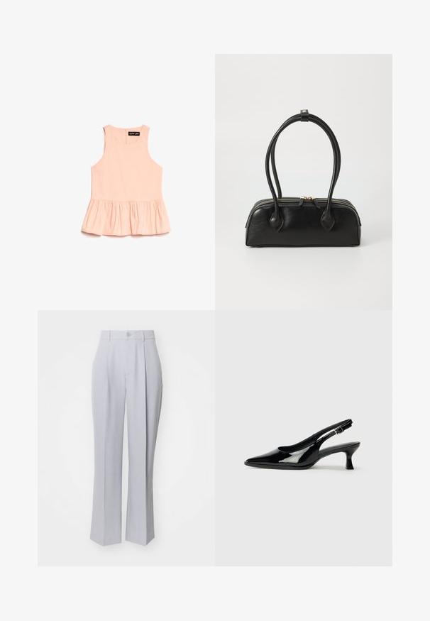 Blusa sin mangas de melocotón con escote redondo y dobladillo de peplum fruncido, que presenta una cremallera en la parte posterior y la etiqueta "sister jane".; Pantalones de corte gris claro con un diseño de pierna recta, que presentan un solo pliegue delantero, cierre de botón y una textura suave y tejida.; Zapatos de charol negro tipo slingback con punta afilada y tacón bajo. Correa ajustable con hebilla en el tobillo.; Bolso de mano de cuero negro con dos asas alargadas, cierre de cremallera y forma redondeada; textura suave con un acabado ligeramente brillante.
