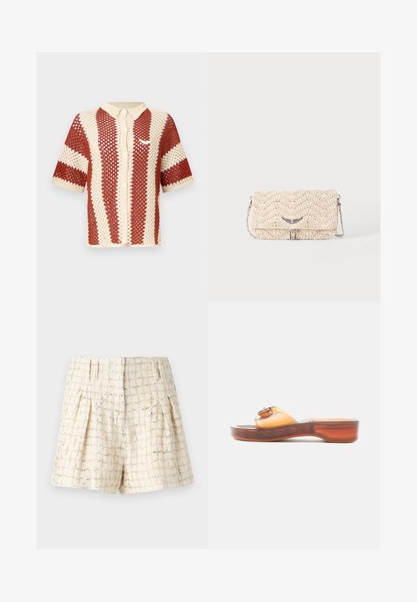 Chemise tricotée à manches courtes en crème et rouille, présentant un tissage ouvert texturé, un col et une fermeture à boutons sur le devant. Comprend un accent logo.; Iro XAGA - Short - ecru/silver; Sandale à talon bas transparent ambré avec un petit talon carré et une boucle décorative sur la bride supérieure.; Pochette tissée beige avec rabat, bandoulière chaîne en métal et petite décoration argentée en forme d'aile à l'avant.