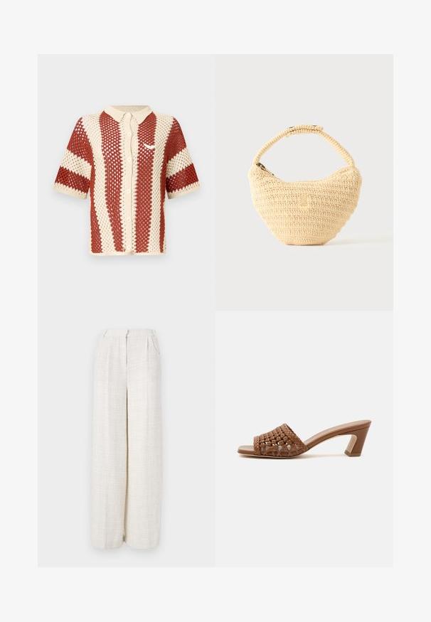 Chemise tricotée à manches courtes en crème et rouille, présentant un tissage ouvert texturé, un col et une fermeture à boutons sur le devant. Comprend un accent logo.; Pantalons larges en tissu beige clair avec un motif tissé texturé. Présentent une taille frontale et pas de fermetures visibles.; Mule tissée marron à bout ouvert avec un talon bloc et un design slip-on sur fond blanc uni.; Sac à main beige tissé avec corps arrondi, fermeture éclair et une sangle courte et épaisse dans un style crochet simple et texturé.