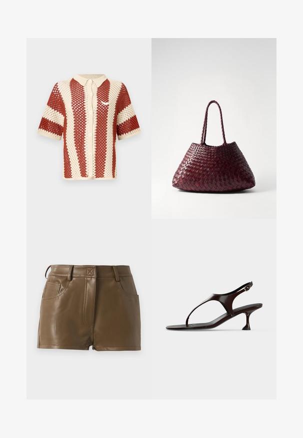 Chemise tricotée à manches courtes en crème et rouille, présentant un tissage ouvert texturé, un col et une fermeture à boutons sur le devant. Comprend un accent logo.; Shorts en faux cuir marron au design ajusté, avec une taille à passants de ceinture, des poches avant et des détails de couture visibles.; Sandale slingback en cuir verni marron foncé avec petit talon et bride entre les orteils sur fond blanc.; DRAGON DIFFUSION SANTA CROCE BIG - Sac à main - bordo