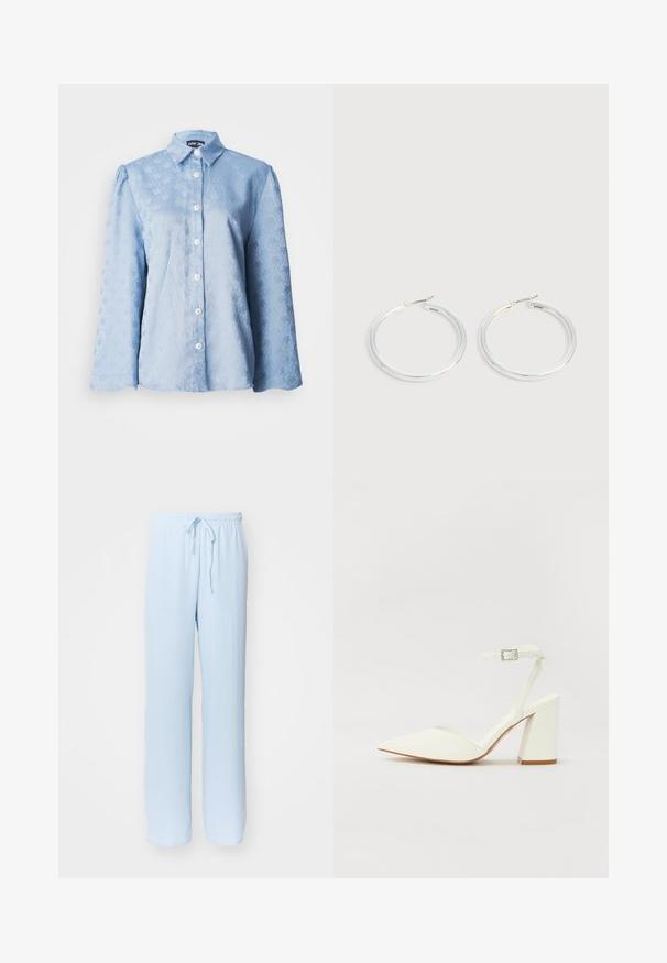 Blouse à manches longues bleu clair avec un motif floral texturé, col pointu et boutons blancs sur le devant.; Pantalons bleus clairs, amples, avec une taille élastique et un cordon de serrage ajustable ; fabriqués dans un tissu doux et respirant, avec une texture lisse.; Sandale blanche à talon avec un bout pointu, sangle de cheville réglable et un talon carré épais. Texture lisse avec des détails de couture minimaux.; Paire de boucles d'oreilles créoles argentées brillantes avec fermoirs en fil fin, présentée sur un fond gris clair.