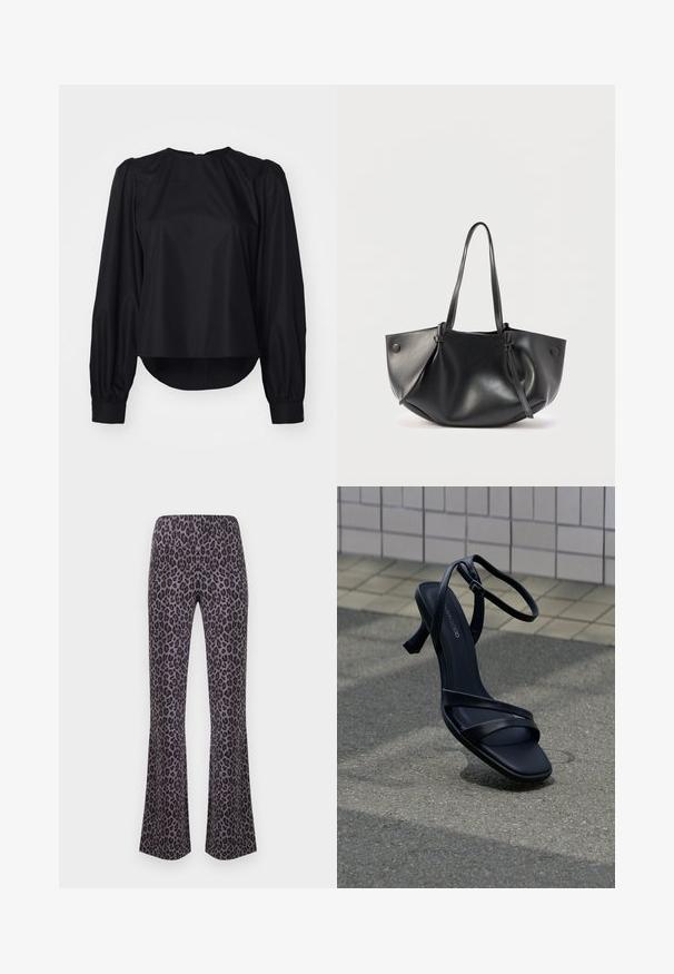 Blouse noire à manches bouffantes longues, encolure ronde et ourlet légèrement arrondi. Fabriquée en tissu lisse et léger avec des poignets boutonnés.; Pantalon taille haute évasé avec un motif léopard gris foncé et noir, présenté sur un fond blanc uni.; Sandale noire à talon haut avec lanières et boucle à la cheville, flottant au-dessus d'un sol gris texturé avec un mur carrelé en arrière-plan.; Sac à bandoulière en cuir noir avec deux longues anses, une forme arrondie et souple, et des détails à boutons de chaque côté.