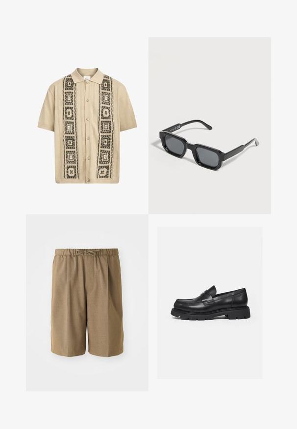 Chemise beige à manches courtes avec fermeture à boutons, présentant des motifs géométriques décoratifs verts et noirs sur le devant et des détails en tricot texturé.; Shorts plissés marron avec une taille élastique et un cordon de serrage ajustable. Fabriqués dans un tissu léger et lisse avec des jambes droites.; Mocassin en cuir noir avec semelle épaisse crantée et détail de bride penny, présenté en profil droit sur fond blanc.; Lunettes de soleil rectangulaires noires avec des montures épaisses et des verres teintés foncés, inclinées sur un fond blanc.