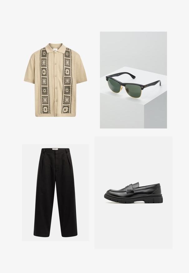 Chemise beige à manches courtes avec fermeture à boutons, présentant des motifs géométriques décoratifs verts et noirs sur le devant et des détails en tricot texturé.; Pantalons larges noirs avec plis avant, passants de ceinture et fermeture dissimulée, étiquetés "Rebel" sur la ceinture.; Mocassin en cuir noir avec une large sangle sur le devant, semelle en caoutchouc à épaisse rainure, et texture lisse. Design classique et élégant.; Lunettes de soleil Ray-Ban avec des verres verts, monture en plastique noir et accents dorés sur les bords. Forme carrée avec une finition mate.