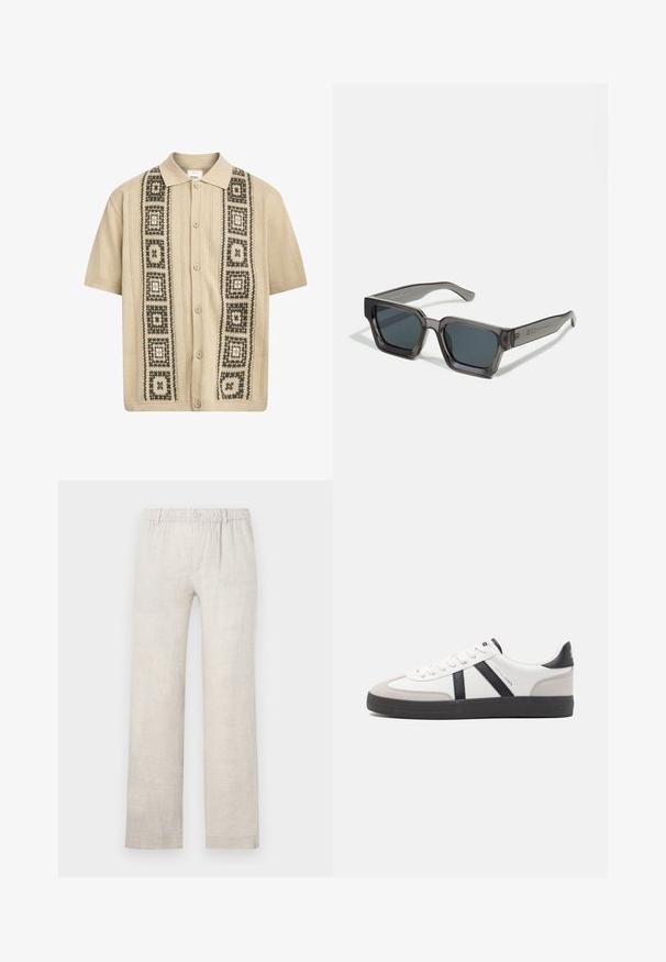 Camisa beige de manga corta con cierre de botón, que presenta patrones geométricos decorativos en verde y negro en la parte delantera y detalles de punto texturizado.; Pantalones de lino beige claro con un diseño de pierna recta, cinturilla elástica y cierre de botón. Textura mínima con sutiles detalles de costura.; Zapatilla blanca con acentos en negro y gris, que presenta una puntera texturizada en gris, suela de goma negra y cordones planos blancos. Diseño limpio, estilo minimalista.; Jack & Jones JACPETER SUNGLASSES UNISEX - Gafas de sol - grey
