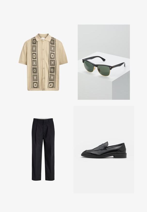 Camisa beige de manga corta con cierre de botón, que presenta patrones geométricos decorativos en verde y negro en la parte delantera y detalles de punto texturizado.; Pantalones negros de tiro recto con cinturilla, trabillas, cremallera frontal y bolsillos laterales mostrados sobre un fondo blanco.; Mocasines de cuero negro con un acabado suave, que presentan una punta redondeada y una banda estrecha en la parte superior. Tacón bajo apilado.; Gafas de sol Ray-Ban con lentes verdes, montura de plástico negro y acentos dorados en los bordes. Forma cuadrada con acabado mate.