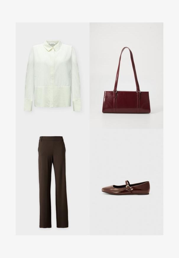 Blouse blanche à manches longues avec fines rayures noires verticales sur le haut et rayures horizontales sur la partie inférieure et aux poignets, avec un col pointu.; Pantalon marron foncé droit avec passants de ceinture, poches latérales et un design avant épuré sur un fond clair uni.; Ballerine en cuir verni marron avec un bout carré et une lanière ornée d'une petite boucle dorée. Texture lisse, talon bas et design minimaliste.; Sac à main bordeaux en matériau brillant, de forme rectangulaire, avec deux anses et des accents légèrement courbés à l'avant.