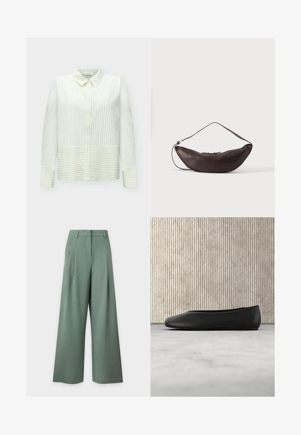 Blouse blanche à manches longues avec fines rayures noires verticales sur le haut et rayures horizontales sur la partie inférieure et aux poignets, avec un col pointu.; Pantalon taille haute à jambes larges en vert doux avec passants de ceinture, poches latérales et plis devant sur un fond clair.; Ballerine en cuir noir avec un bout arrondi, texture lisse et un accent logo doré sur le côté. Placée au-dessus d'une surface réfléchissante.; Sac d'épaule en cuir marron foncé en forme de croissant avec une lanière courbée et des coutures visibles sur fond uni.