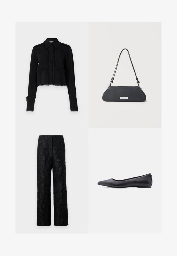 Black cropped jacket featuring frayed edges, long sleeves, a pointed collar, and a button closure in a smooth, lightweight fabric.; Black trousers with a textured floral pattern, made of a soft material, featuring a loose, wide-leg design and a high waist.; Black pointed-toe flat leather shoe with low heel, shown in side profile against a white background.; Black leather shoulder bag with elongated trapezoid shape, adjustable strap, and silver rectangular brand plaque on front.