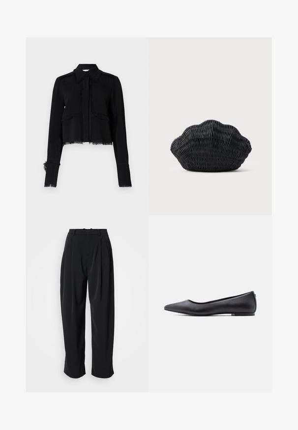 Veste noire courte avec bords effilochés, manches longues, col pointu et fermeture à boutons, en tissu lisse et léger.; DRYKORN INK - Pantalon classique - black; Chaussure plate en cuir noire à bout pointu avec petit talon, vue de profil sur fond blanc.; Sac à main en osier noir en forme de coquille Saint-Jacques avec un dessus courbé et une texture tressée sur un fond uni.