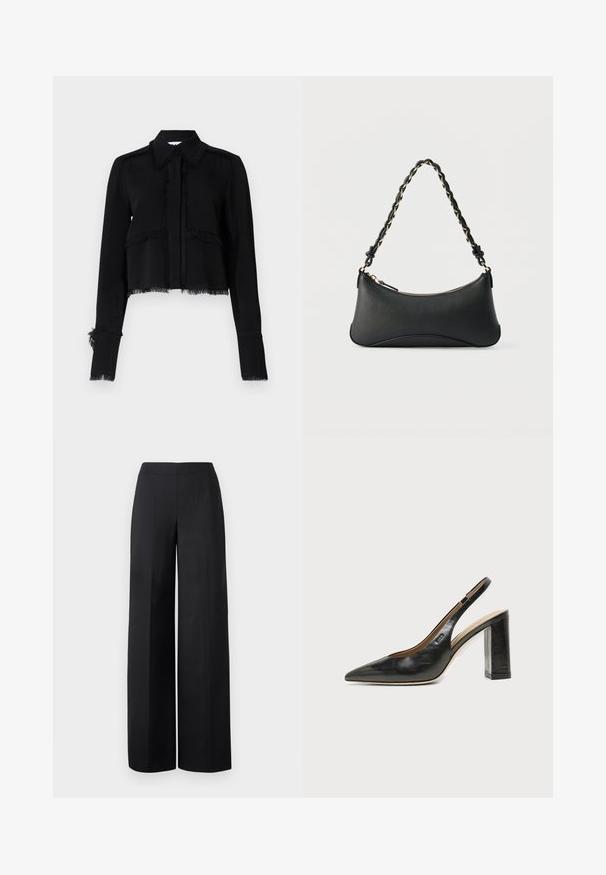 Black cropped jacket featuring frayed edges, long sleeves, a pointed collar, and a button closure in a smooth, lightweight fabric.; Black wide-leg trousers made of smooth fabric. Features a high waistband and clean, straight lines without visible pockets or embellishments.; Black leather pointed-toe slingback shoe with a high block heel and beige interior lining against a plain light background.; Black leather shoulder bag with a curved rectangular shape, gold chain woven into braided black strap, and top zipper closure.