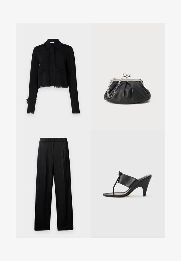 Veste noire courte avec bords effilochés, manches longues, col pointu et fermeture à boutons, en tissu lisse et léger.; Pantalon large noir en tissu lisse, avec des plis avant, des passants de ceinture et une fermeture éclair.; Sandale noire à talon haut avec une large bride avant et une boucle d'orteil dotée d'un détail de corde nouée, vue de profil sur fond blanc.; Porte-monnaie en cuir noir avec texture froncée, cadre en métal argenté, fermeture à verrouillage kiss-lock et bandoulière en chaîne. Surface lisse et douce.