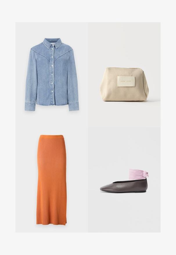 Chemise en denim bleu clair avec des manches longues, boutonnière à l'avant, col pointu et détails de style western sur les épaules.; Samsøe Samsøe SACHERYL SKIRT - Jupe longue - autumn maple mel; Chaussure plate marron à bout pointu avec un détail décoratif en argent et un ruban rose à la cheville sur fond blanc.; Pochette en tissu beige côtelé avec fermeture éclair sur le dessus et patch rectangulaire avec texte embossé à l'avant, sur un fond blanc uni.