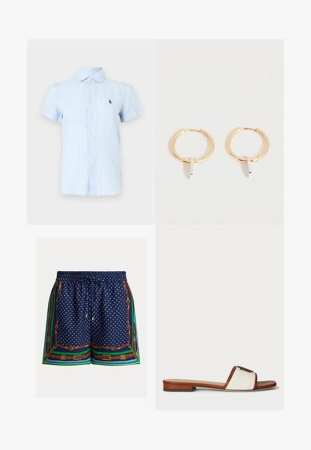 Light blue short-sleeve button-up shirt with collar and embroidered dark blue logo on the left chest.; Navy blue shorts with white polka dots, elastic waistband, drawstring, and patterned trim featuring brown belts and green accents.; Slide sandal with a white canvas upper and brown leather strap. Features a rectangular accent on the strap and a flat sole.; Gold hoop earrings with small vertical silver rectangular pendants, displayed on a white background.