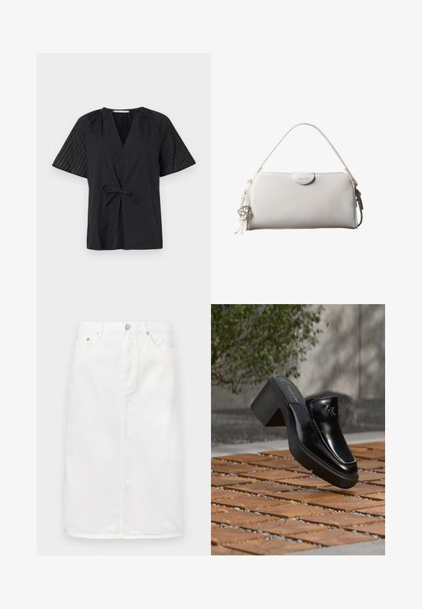 Camiseta negra con escote en V, manga corta y cintura con lazo. Presenta una tela texturizada y con estampado en las mangas y un cuerpo suave.; Falda de mezclilla blanca con cremallera frontal, diseño de cinco bolsillos y silueta recta con acentos de costura.; Mule tipo slip-on de cuero negro de Calvin Klein con tacón de bloque descansando sobre baldosas de madera al aire libre cerca de una planta verde y una pared gris.; Bolso rectangular blanco de Calvin Klein con un solo asa, diseño minimalista y borlas decorativas con un charm metálico geométrico en el lateral.