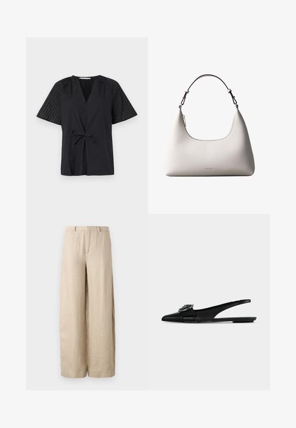 Camiseta negra con escote en V, manga corta y cintura con lazo. Presenta una tela texturizada y con estampado en las mangas y un cuerpo suave.; Pantalones anchos color beige, hechos de lino. Presentan un pliegue frontal, dos bolsillos laterales y una cinturilla con pasadores para cinturón. Textura suave.; Zapato plano slingback de cuero negro con puntera puntiaguda, una correa ancha y detalle de hebilla metálica redonda en la parte superior.; Bolso de hombro de cuero color crema de Calvin Klein con borde superior curvado, cremallera plateada y correa ajustable marrón oscuro.