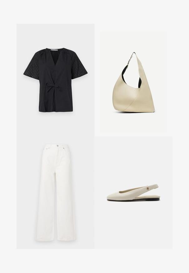 Camiseta negra con escote en V, manga corta y cintura con lazo. Presenta una tela texturizada y con estampado en las mangas y un cuerpo suave.; Jeans de mezclilla de cintura alta y pierna ancha en color blanco. Cuenta con bolsillos delanteros, un cierre de botón y detalles de dobladillo deshilachado.; Zapato plano slingback de cuero color crema con puntera redondeada y pequeño emblema dorado en la correa.; Bolso de hombro de cuero liso color crema con forma triangular curva y correa ajustable con hebilla plateada.