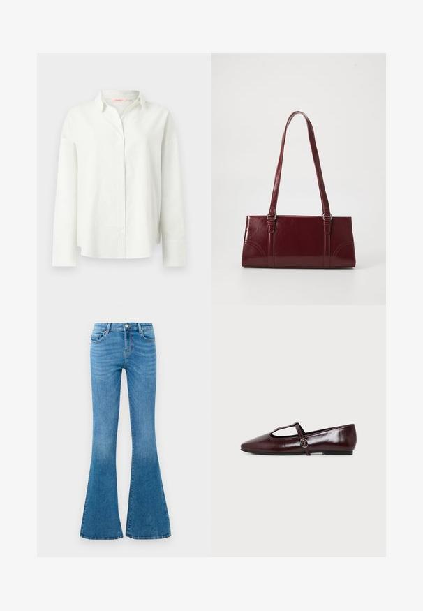 Chemise blanche à manches longues avec boutonnière, texture subtile à côtes verticales et larges poignets, dotée d'un col classique et d'une coupe décontractée.; Jean flare en denim bleu avec une taille mi-haute, comportant cinq poches, un bouton standard et un léger délavage pour la texture.; Chaussure plate en cuir bordeaux foncé avec un bout pointu et une fine bride en T avec une boucle argentée sur fond blanc.; Sac à main bordeaux en matériau brillant, de forme rectangulaire, avec deux anses et des accents légèrement courbés à l'avant.