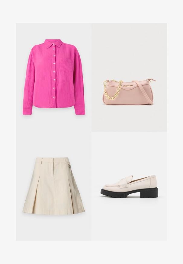 Roze, gestructureerde shirt met een knoopsluiting aan de voorkant, kraag en een enkele borstzak. Lange mouwen met knoopmanchetten, casual pasvorm.; Beige A-lijn rok met plooien aan de voorkant, riemlussen en een zijdetail met D-ring, gemaakt van stevig katoen.; Lichtbeige leren loafers met een gestikte voorkant en een textuur met een zwarte plateauhak. Beschikt over een gebogen ontwerp en een lichte verhoging.; Kleine blushroze Valentino leren schoudertas met gouden kettingsdetail en logo, ritssluiting en verstelbare band op een witte achtergrond.