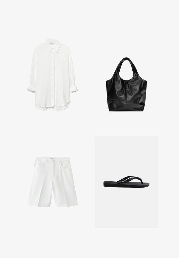 Stradivarius RUSTIKALES DAILY - Chemisier - white; Short en denim blanc avec poches avant, passants pour ceinture et fermeture bouton, présenté sur un fond blanc uni.; Sandale tong noire en caoutchouc avec semelle texturée et brides lisses, vue de côté sur un fond gris clair uni.; Sac fourre-tout en cuir noir avec une texture lisse, un haut arrondi doux et de larges poignées. Présente une couture minimale et une silhouette décontractée.
