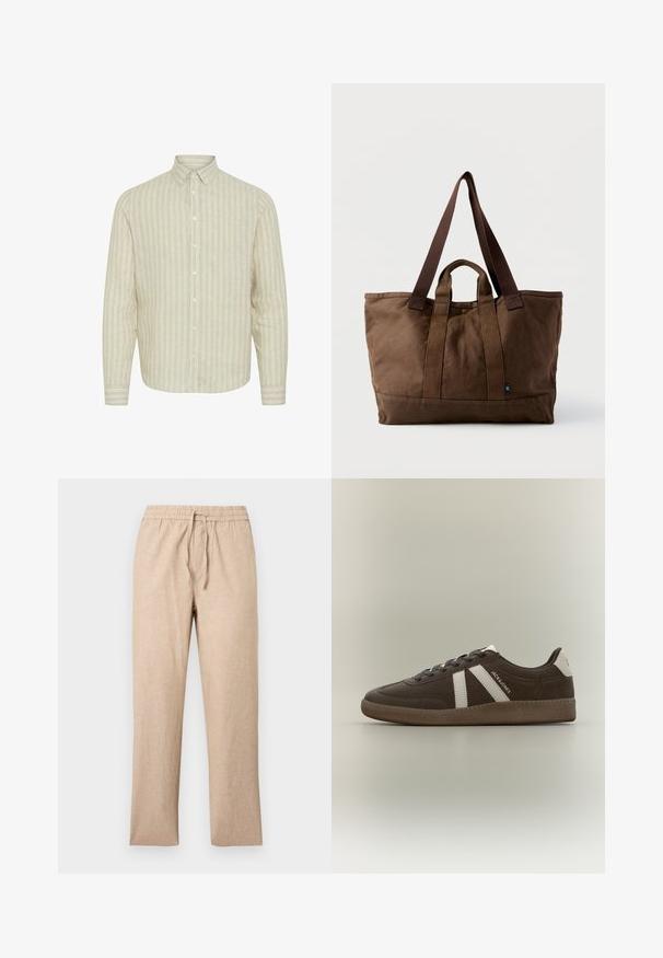 Lys beige langærmet skjorte med lodrette striber. Lavet af et tekstureret stof, har en knap-nej krave og knapper fortil.; Beige linnedragtbukser med snor i taljen, elastisk linning, lige ben og uden synlige lommer, vist på en lysegrå baggrund.; Brun ruskindssneaker med hvide striber, hvid hælpatch, gummisål og teksten "JACK & JONES" på siden, vist i profil på en ensfarvet baggrund.; Stor brun lærredsnettaske med to korte og lange håndtag, trykknaplukning og et lille blåt stofmærke nederst.