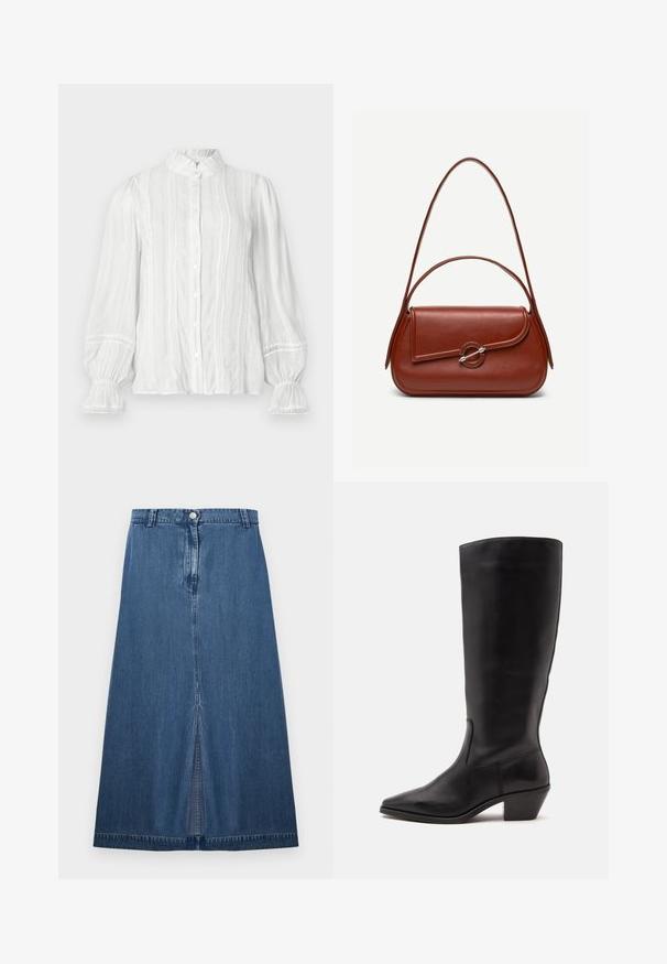 Blusa blanca de botón con cuello voluminoso, rayas verticales y tejido texturizado. Presenta mangas abullonadas con elástico y adornos de encaje.; Falda vaquera en azul oscuro con corte recto y una abertura central en el dobladillo. Presenta una cinturilla estándar y cierre con botón metálico.; Bota de cuero negra hasta la mitad de la pantorrilla con puntera puntiaguda y tacón bajo inclinado sobre un fondo claro y liso.; Bolso de hombro de cuero marrón con forma rectangular redondeada, solapa asimétrica, cierre circular plateado y dos correas delgadas.