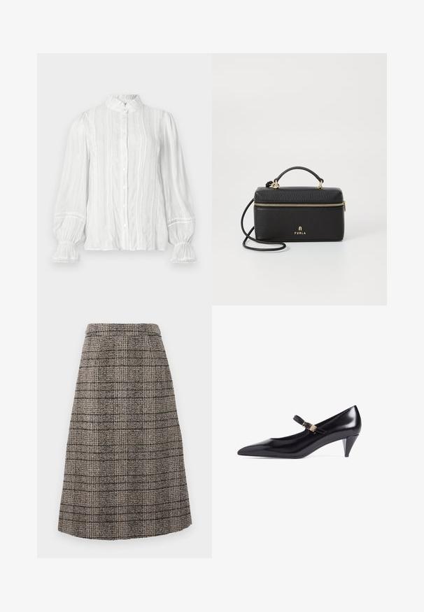 Weiße Bluse mit Knopfleiste, gerafftem Kragen, vertikalen Streifen und strukturiertem Stoff. Mit elastischen Puffärmeln und Spitzenbesatz.; Bleistiftrock aus Wollmischung mit einem braun-grauen Karo-Muster, strukturierter Gestaltung und einem sauberen Abschluss am Saum.; Schwarzer Mary Jane-Pumps aus Lackleder mit spitzer Zehenpartie, gebogenem Absatz und verstellbarem Riemen mit goldfarbenem Schnallenverschluss. Glatte Textur.; Schwarze Lederhandtasche mit rechteckiger Form, strukturierter Oberfläche, goldenem Reißverschluss und kurzem Griff; inklusive einem langen, verstellbaren Gurt.