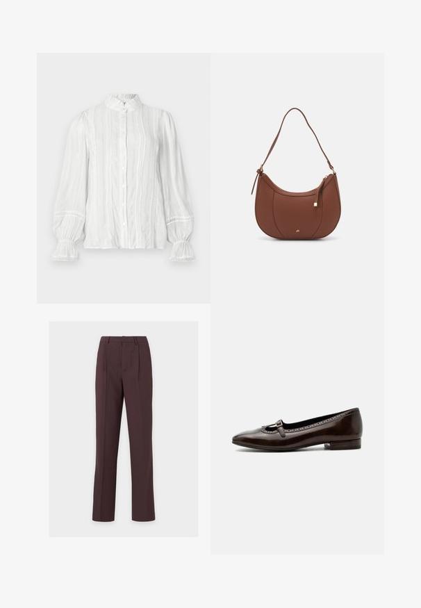 Weiße Bluse mit Knopfleiste, gerafftem Kragen, vertikalen Streifen und strukturiertem Stoff. Mit elastischen Puffärmeln und Spitzenbesatz.; Dunkelbraune, gerade geschnittene, maßgeschneiderte Hose mit Gürtelschlaufen und vorderen Bügelfalten, vor einem schlichten hellen Hintergrund präsentiert.; Dunkelbrauner Lackleder-Mary-Jane-Schuh mit niedrigem Absatz, rundem Zehenbereich und kleinem Schnallenriemen über dem Spann.; Braune Kunstleder-Schultertasche mit geschwungener Form, minimaler Naht und goldfarbener Hardware-Akzent. Verfügt über einen oberen Reißverschluss und einen verstellbaren Trageriemen.