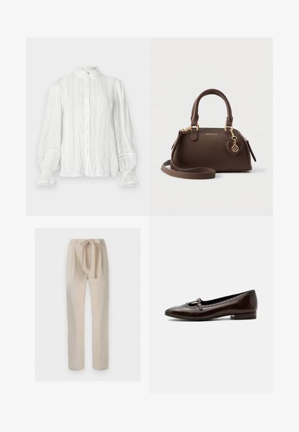 Blusa blanca de botón con cuello voluminoso, rayas verticales y tejido texturizado. Presenta mangas abullonadas con elástico y adornos de encaje.; Pantalones beige de cintura alta con un cinturón de tela atado en forma de lazo, corte de pierna recta y detalles mínimos sobre un fondo liso.; Zapato Mary Jane de piel patentada marrón oscuro con tacón bajo, puntera redondeada y pequeña correa con hebilla en la parte superior.; Bolso sintético marrón con forma redondeada, dos asas superiores y correa de hombro desmontable. Cuenta con herrajes dorados y un colgante en forma de corazón.