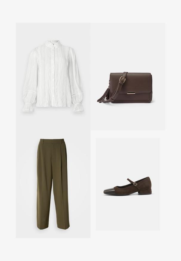 Weiße Bluse mit Knopfleiste, gerafftem Kragen, vertikalen Streifen und strukturiertem Stoff. Mit elastischen Puffärmeln und Spitzenbesatz.; Olivegrüne weite Hosen aus einem glatten Stoff, mit hoher Taille, Frontfalten und seitlichen Taschen für Funktionalität.; Braune Wildleder-Mary-Jane-Schuhe mit einer schwarzen Lackleder-Zehenspitze, verstellbarem Riemen und einem niedrigen Blockabsatz. Glatte Textur mit minimalen Akzenten.; Braune Schultertasche aus Kunstleder mit Klappenverschluss, goldfarbener Hardware und seitlichem Quasten-Detail. Verstellbarer Riemen für vielseitigen Tragekomfort.
