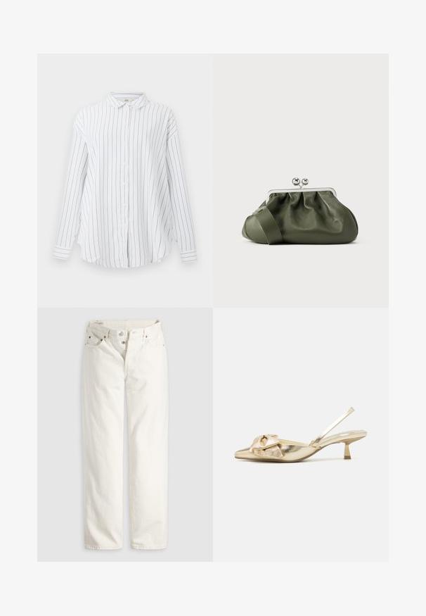 Hvid langærmet button-up skjorte med sorte lodrette striber og klassisk krave, præsenteret mod en ensfarvet baggrund.; Hvide jeans med høj talje, lige ben, knaplukning, lommer foran og bagpå samt synlige kobbernitter i lommekanterne.; Guldmetallic slingback sko med spids tå, der har en tekstureret overflade, en dekorativ sløjfedetail og en lav, firkantet hæl.; Olivengrøn læderclutch med ruchet design, sølvmetalramme og dobbelt kugle-lukning. Har en glat tekstur og en bred rem.