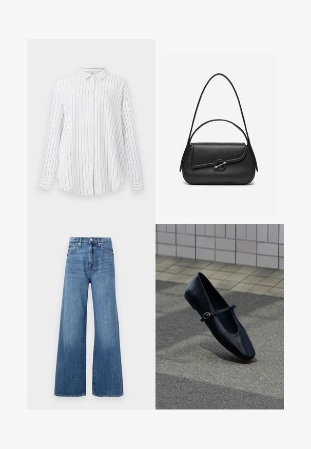 Camisa blanca de manga larga con botones, con rayas verticales negras y un cuello clásico, presentada sobre un fondo liso.; Jeans de tiro alto y de pierna ancha en azul, con cierre de botón y cremallera, bolsillos frontales y un sutil desvanecimiento en la tela.; Zapato plano Mary Jane de cuero negro con una pequeña correa con hebilla, colocado sobre una superficie de asfalto gris cerca de una pared alicatada.; Bolso de cuero negro con bordes redondeados, solapa asimétrica, cierre circular de metal y correas de hombro cortas y largas.