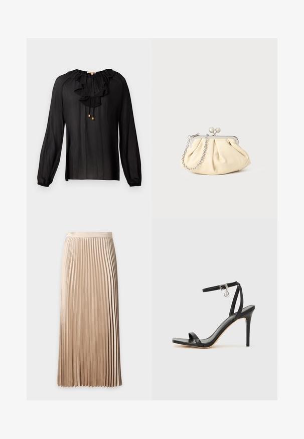 Blouse noire en tissu léger, avec un col rufflé, des manches longues avec des poignets élastiques, et des accents dorés sur les cordons.; Jupe midi plissée beige taille haute avec une ceinture lisse et des plis verticaux étroits régulièrement espacés.; Sandale à talon haut noire avec une bride étroite à la cheville, bout carré, cuir lisse et accent de boucle métallique.; Pochette en cuir beige plissé avec un cadre en métal argenté, dotée de deux fermoirs ronds décoratifs et d'une chaîne en argent.