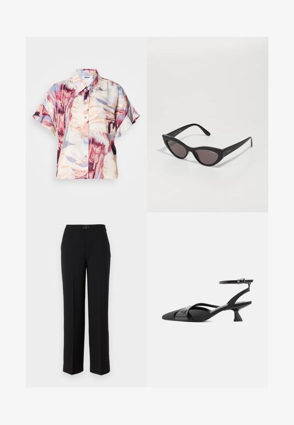 Chemisier à manches courtes avec col à revers et motif abstrait en aquarelle aux tons violet, beige et bleu clair.; Pantalon tailleur noir en tissu lisse, avec une coupe droite, une taille ornée d'une boucle argentée décorative et sans motifs visibles.; Escarpin slingback noir à bout pointu avec talon kitten, fine bride à la cheville et brides croisées asymétriques sur fond blanc.; Lunettes de soleil cat-eye avec une monture noire mate et des verres sombres, comportant un logo "vogue" sur le côté et une forme angulaire distinctive.