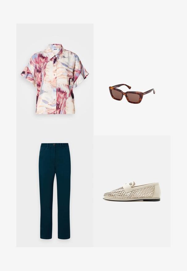 Chemisier à manches courtes avec col à revers et motif abstrait en aquarelle aux tons violet, beige et bleu clair.; Pantalon en teinte bleu-vert foncé au design droit, avec une fermeture à bouton, des poches avant et en tissu de coton lisse.; Mocassin en cuir beige avec un motif à treillis ouvert, semelle noire plate et bride solide sur le dessus, présenté de profil sur fond blanc.; Lunettes de soleil écaille de tortue avec une monture carrée, des verres marron et un matériau en plastique lisse. Angles francs notables sur les bords de la monture.
