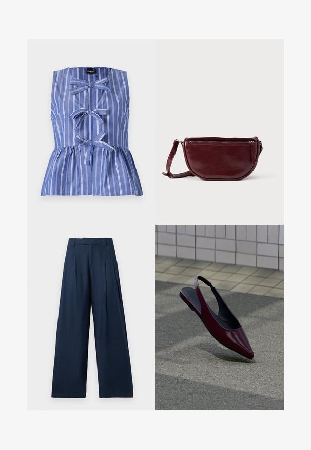 Blå og hvid stribet ærmeløs top med peplum-silhuet, sløjfede detaljer og knaplukning foran.; Mørkeblå vidde-benbukser med høj talje, bæltestropper, forreste læg og skjult forrest lukning.; Bordeaux laklæder slingback flad sko med spids tå, svævende over tekstureret fortov nær flisebelagt væg.; Vinrød læderhåndtaske med halvmåneform, lynlås og aftagelig rem. Glat tekstur med en subtil glans.