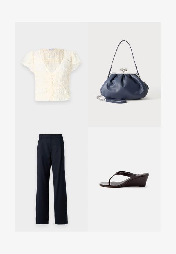 Haut à manches courtes crème avec une texture froncée, encolure en V et fermeture à boutons. Tissu léger avec de subtils volants aux manches.; Pantalons ajustés bleu marine en tissu texturé. Présentent une jambe légèrement évasée et une taille plate avec passants de ceinture.; Sandale compensée en cuir verni marron avec bride entre les orteils et bout ouvert, vue de profil sur un fond uni.; Sac à main en cuir bleu marine doux avec fermeture à boucle argentée, une seule bandoulière, et une chaîne de poignet amovible sur fond blanc.