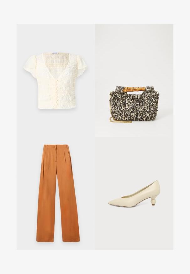 Haut à manches courtes crème avec une texture froncée, encolure en V et fermeture à boutons. Tissu léger avec de subtils volants aux manches.; Pantalon ample couleur rouille avec plis, passants pour ceinture et fermeture éclair cachée à l'avant, présenté à plat sur un fond blanc.; Chaussure femme couleur crème à bout pointu avec un petit talon rond en forme de boule, sur fond uni.; Sac tissé avec un motif texturé noir et crème, une poignée en bambou et une bandoulière en chaîne dorée amovible. Forme rectangulaire compacte.