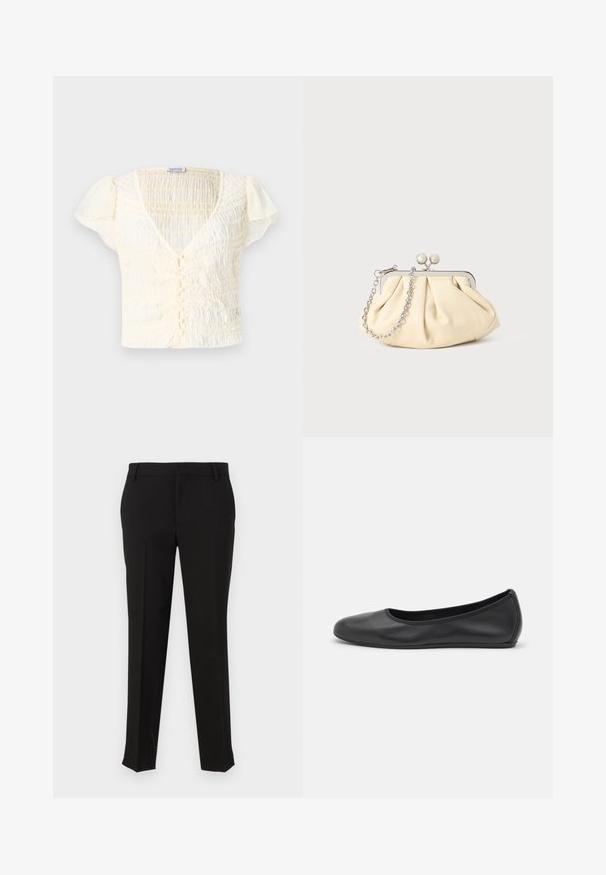 Top corto de color crema con textura fruncida, escote en V y cierre de botones. Tejido ligero con suaves mangas abullonadas.; Pantalones negros ajustados con una tela lisa, que presentan un diseño de pierna recta, trabillas para cinturón y bolsillos laterales. Sin patrones ni herrajes visibles.; Bailarina de piel negra con punta redondeada, textura suave, detalle de costura minimalista y diseño de suela flexible.; Clutch de cuero beige plisado con un marco de metal plateado, que cuenta con dos broches decorativos redondos y una correa de cadena plateada.