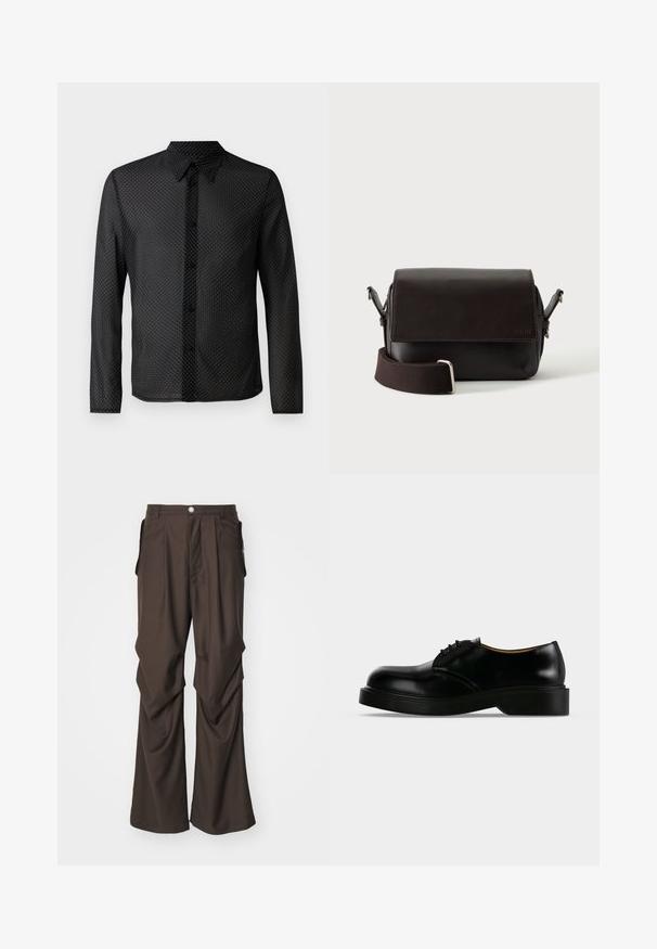 Chemise noire à motifs de pois blancs, avec un design à boutons, des manches longues et en tissu léger et transparent.; Pantalons marron sur mesure avec une coupe large, dotés de poches latérales et d'une fermeture à bouton à l'avant. Tissu lisse avec de légers plis.; Chaussure de ville noire en cuir poli à lacets, avec une semelle épaisse, un bout arrondi et un petit talon, montrée de profil sur un fond uni.; Sac bandoulière en cuir marron foncé avec fermeture à rabat et sangle en tissu réglable sur fond blanc.